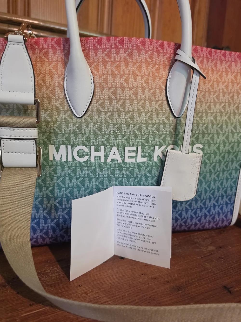 Michael Kors Rainbow Logo Tote with White Trim and Tan Strap